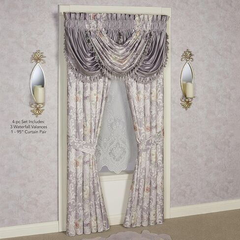 Romantica Luxury Window Treatment | Rod Pocket | Floral Damask | Blush, Lavender, Ivory | Polyester Velvet | 4 Pc Window Set: 95L Curtain Panel Drapery Pair, 1 Floral and 2 Solid Waterfall Valances in Saudi Arabia