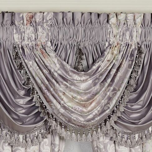 Romantica Luxury Window Treatment | Rod Pocket | Floral Damask | Blush, Lavender, Ivory | Polyester Velvet | 4 Pc Window Set: 95L Curtain Panel Drapery Pair, 1 Floral and 2 Solid Waterfall Valances in Saudi Arabia
