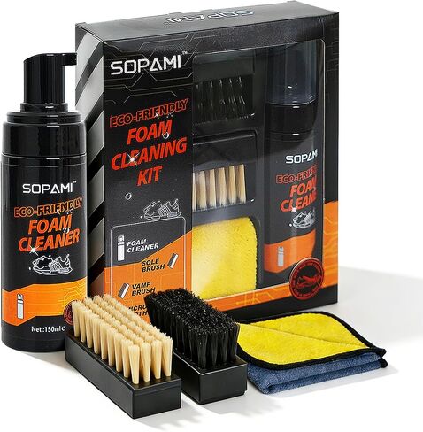 SOPAMI Shoe Cleaning Kit – Premium Foam Shoe Cleaner with Soft & Stiff Bristle Brushes and Microfiber Towels – Shoe Cleaner for Gym Tennis Sneakers, White Shoes, Leather, Mesh, Knit, Canvas & Nubuck in Saudi Arabia