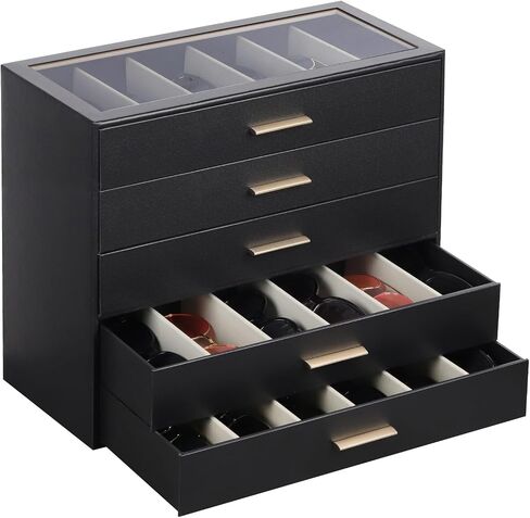 AUTORK PU Leather Sunglasses Organizer Case with Lock,5-Layer 30-Slot Eyeglass Display Box with Drawer,Glass Top Jewelry Storage Holder for Men Women,Ideal Gift for Desktop,Black,MKAWD01 in Saudi Arabia
