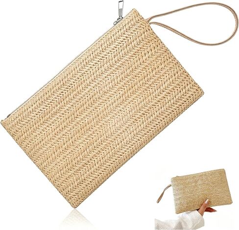 Women Straw Clutch Bag, 9.45 × 6.3 In, Hand-Woven Fine Straw Small Clutch Bag, Bohemian Wristlet Bag, Straw Clutch Purse with Handle, Zipper Wristlet Wallets for Girls Travel Work (khaki) in Saudi Arabia