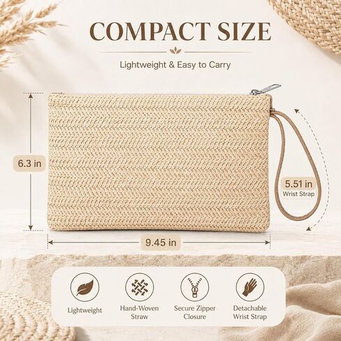 Women Straw Clutch Bag, 9.45 × 6.3 In, Hand-Woven Fine Straw Small Clutch Bag, Bohemian Wristlet Bag, Straw Clutch Purse with Handle, Zipper Wristlet Wallets for Girls Travel Work (khaki) in Saudi Arabia