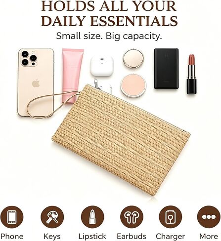 Women Straw Clutch Bag, 9.45 × 6.3 In, Hand-Woven Fine Straw Small Clutch Bag, Bohemian Wristlet Bag, Straw Clutch Purse with Handle, Zipper Wristlet Wallets for Girls Travel Work (khaki) in Saudi Arabia