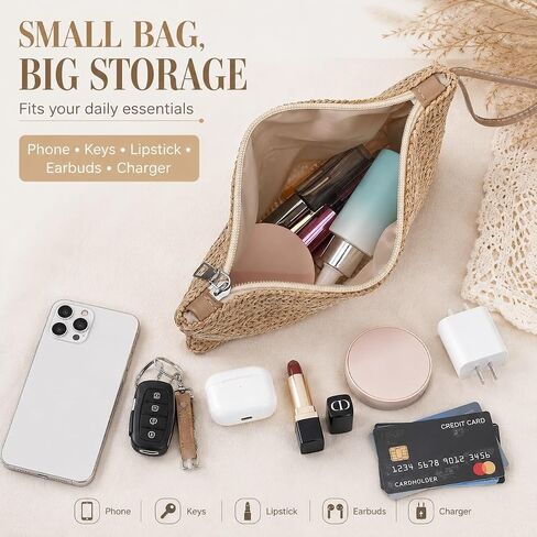 Women Straw Clutch Bag, 9.45 × 6.3 In, Hand-Woven Fine Straw Small Clutch Bag, Bohemian Wristlet Bag, Straw Clutch Purse with Handle, Zipper Wristlet Wallets for Girls Travel Work (khaki) in Saudi Arabia