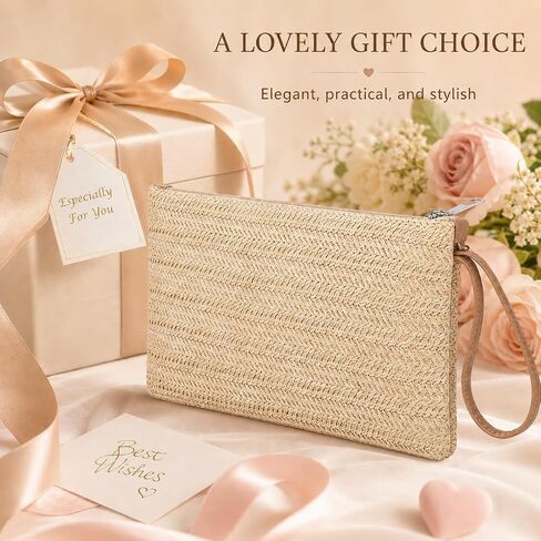 Women Straw Clutch Bag, 9.45 × 6.3 In, Hand-Woven Fine Straw Small Clutch Bag, Bohemian Wristlet Bag, Straw Clutch Purse with Handle, Zipper Wristlet Wallets for Girls Travel Work (khaki) in Saudi Arabia