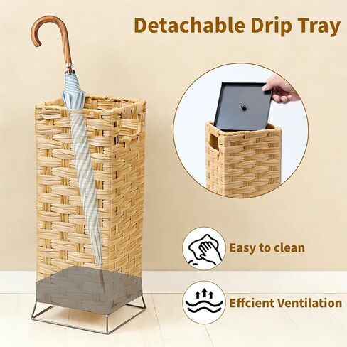 Umbrella Holder for Entryway - Handwoven Rattan Umbrella Stand Indoor with Water Reservoir Base, Durable Metal Hooks & Drip Tray, Stylish Umbrella Basket and Umbrella Storage Bucket in Saudi Arabia