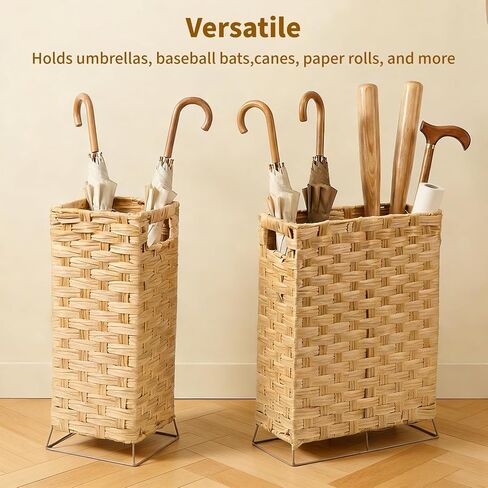 Umbrella Holder for Entryway - Handwoven Rattan Umbrella Stand Indoor with Water Reservoir Base, Durable Metal Hooks & Drip Tray, Stylish Umbrella Basket and Umbrella Storage Bucket in Saudi Arabia