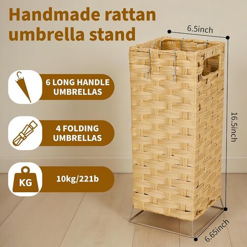 Umbrella Holder for Entryway - Handwoven Rattan Umbrella Stand Indoor with Water Reservoir Base, Durable Metal Hooks & Drip Tray, Stylish Umbrella Basket and Umbrella Storage Bucket in Saudi Arabia