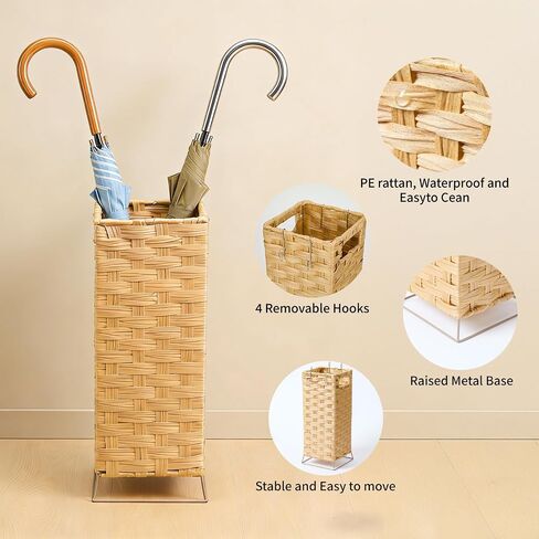 Umbrella Holder for Entryway - Handwoven Rattan Umbrella Stand Indoor with Water Reservoir Base, Durable Metal Hooks & Drip Tray, Stylish Umbrella Basket and Umbrella Storage Bucket in Saudi Arabia