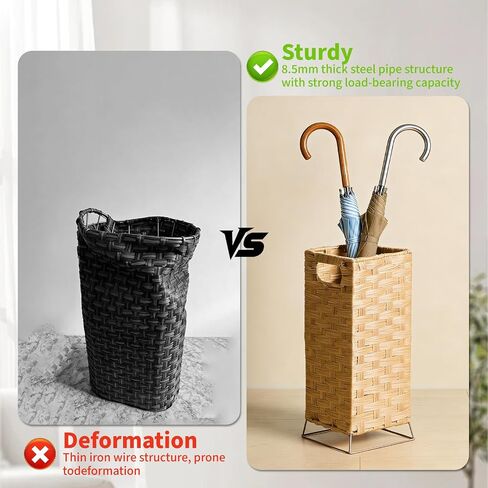 Umbrella Holder for Entryway - Handwoven Rattan Umbrella Stand Indoor with Water Reservoir Base, Durable Metal Hooks & Drip Tray, Stylish Umbrella Basket and Umbrella Storage Bucket in Saudi Arabia