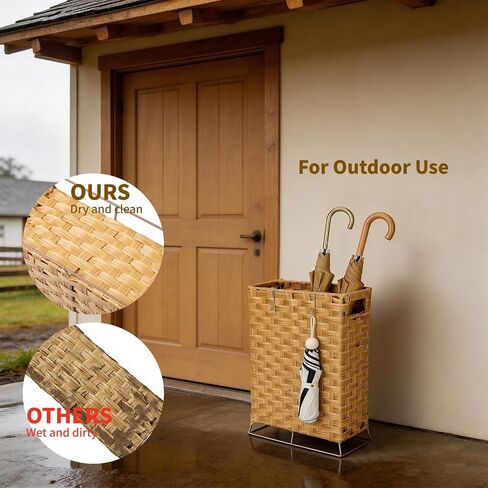 Umbrella Holder for Entryway - Handwoven Rattan Umbrella Stand Indoor with Water Reservoir Base, Durable Metal Hooks & Drip Tray, Stylish Umbrella Basket and Umbrella Storage Bucket in Saudi Arabia