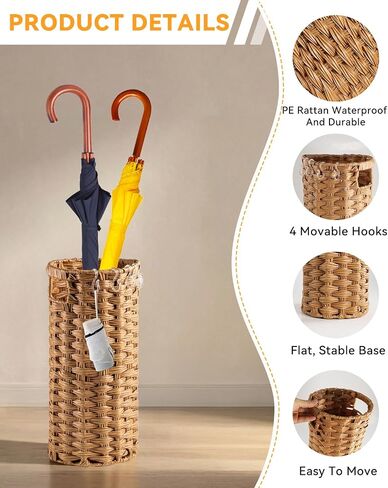 Rattan Umbrella Stand for Entryway,Hand-Woven Umbrella Holder Indoor with Doormat, Removable Drip Tray & 4 Hooks,Waterproof Umbrella Storage Basket in Saudi Arabia