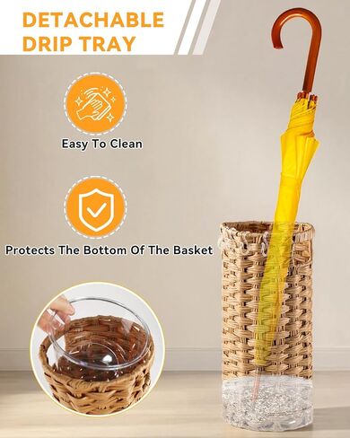 Rattan Umbrella Stand for Entryway,Hand-Woven Umbrella Holder Indoor with Doormat, Removable Drip Tray & 4 Hooks,Waterproof Umbrella Storage Basket in Saudi Arabia