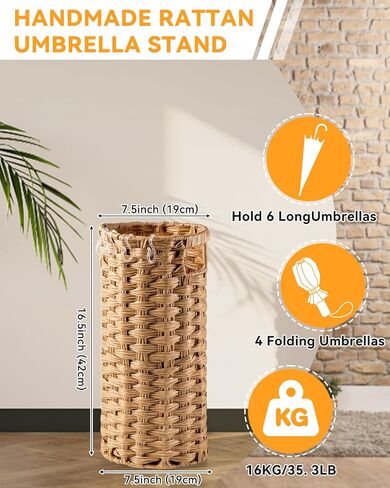 Rattan Umbrella Stand for Entryway,Hand-Woven Umbrella Holder Indoor with Doormat, Removable Drip Tray & 4 Hooks,Waterproof Umbrella Storage Basket in Saudi Arabia