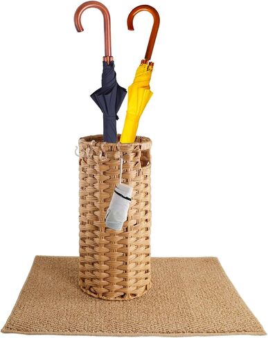 Rattan Umbrella Stand for Entryway,Hand-Woven Umbrella Holder Indoor with Doormat, Removable Drip Tray & 4 Hooks,Waterproof Umbrella Storage Basket in Saudi Arabia