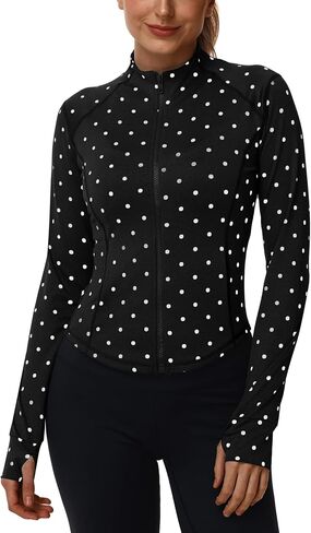 Women's Polka Dot Yoga Jacket Full Zip Slim Fit Workout Running Jacket with Thumbholes Athletic Outerwear in Saudi Arabia