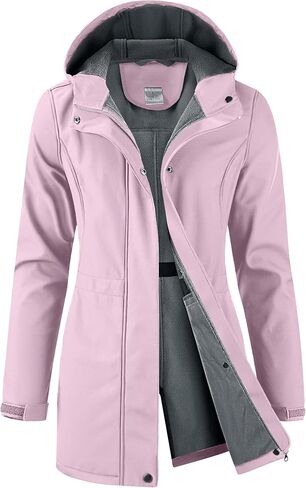 iCreek Women's Waterproof Softshell Rain Jacket Fleece Lined Hooded Long Rain Coat Lightweight Warm Windbreaker in Saudi Arabia