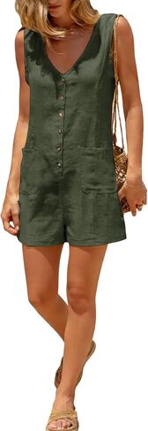 Yeokou Women Cotton Linen Romper Sleeveless V Neck Button Down Wide Leg Short Overalls Casual One Piece with Pockets in Kuwait