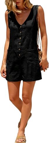 Yeokou Women Cotton Linen Romper Sleeveless V Neck Button Down Wide Leg Short Overalls Casual One Piece with Pockets in Kuwait