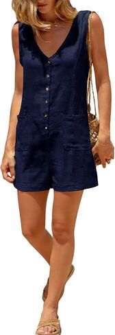 Yeokou Women Cotton Linen Romper Sleeveless V Neck Button Down Wide Leg Short Overalls Casual One Piece with Pockets in Kuwait