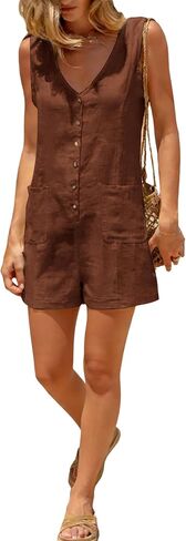 Yeokou Women Cotton Linen Romper Sleeveless V Neck Button Down Wide Leg Short Overalls Casual One Piece with Pockets in Kuwait
