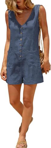 Yeokou Women Cotton Linen Romper Sleeveless V Neck Button Down Wide Leg Short Overalls Casual One Piece with Pockets in Kuwait