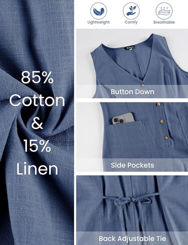 Yeokou Women Cotton Linen Romper Sleeveless V Neck Button Down Wide Leg Short Overalls Casual One Piece with Pockets in Kuwait