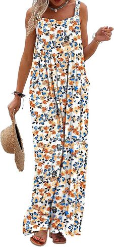 YESNO Women's Summer Casual Overalls Loose Wide Leg Jumpsuits Boho Floral Printed Baggy Rompers with Pockets PZH in Kuwait
