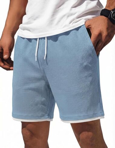 COOFANDY Mens Casual Shorts Cotton Drawstring 7/9 inch Waffle Shorts Stretch Elastic Waist Summer Beach Lounge Sweat Shorts in Saudi Arabia