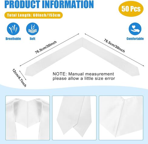 Pasimy 50 Pieces Plain Graduation Stole Sash Blank Satin Honor Stoles Unisex Adult Graduation Scarf for Men Women (White, 72 Inch) in Kuwait
