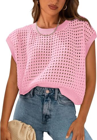 Womens Summer Crochet Sweater Tops Hollow Out Cap Sleeve Sweaters Beach Vacation in Kuwait