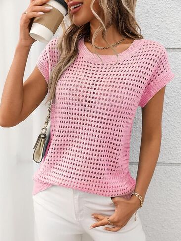 Womens Summer Crochet Sweater Tops Hollow Out Cap Sleeve Sweaters Beach Vacation in Kuwait