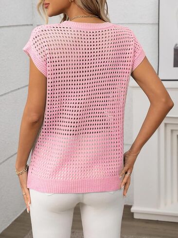Womens Summer Crochet Sweater Tops Hollow Out Cap Sleeve Sweaters Beach Vacation in Kuwait