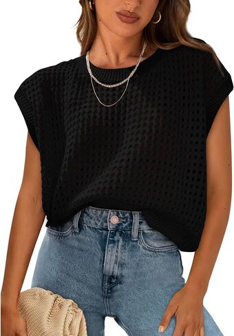 Womens Summer Crochet Sweater Tops Hollow Out Cap Sleeve Sweaters Beach Vacation in Kuwait