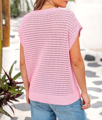 Womens Summer Crochet Sweater Tops Hollow Out Cap Sleeve Sweaters Beach Vacation in Kuwait