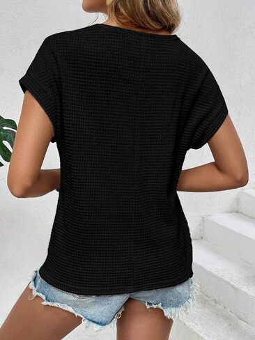 Womens Short Sleeve Sweaters Crochet Lace Patchwork Knit Tops Summer Hollow Out Pullover in Kuwait