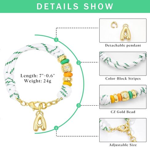 KissYan Initial Rope Bracelet for Women, Removable Bubble Letter Charm | Outdoor Sporty Jewelry Gifts, 14K Gold Plated Monogram Pendant, Handmade Braided Knot, Adjustable Fit in Kuwait