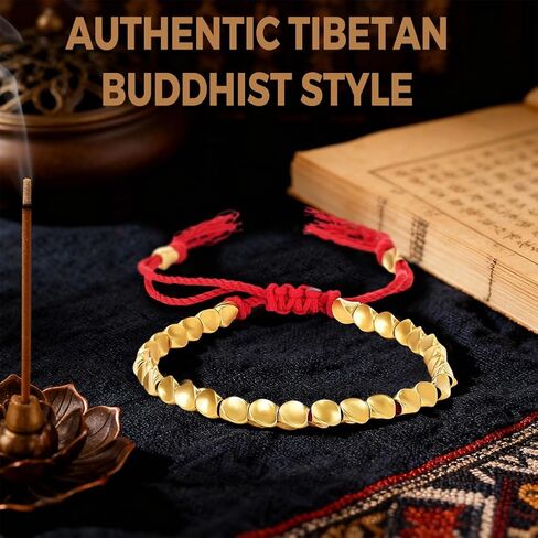 Tibetan Red Copper Beads String Bracelet, Handmade Braided Cotton String Tibetan Copper Bracelet, Polished Copper Beads Tibetan Bracelet, Adjustable Unisex Copper Bracelet Gift for Women and Men, Includes Gift Box in Kuwait