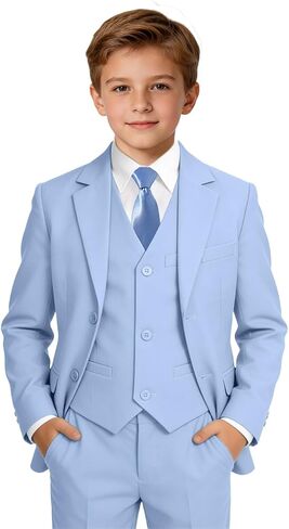 Boys Suit for Kids Teens Boy 5 Piece Tuxedo Suit Set | notch lapel, fully lined, flat front pants, adjustable waist, ideal for wedding birthday party prom graduation in Kuwait