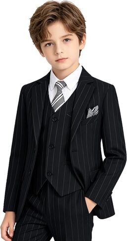 Boys Suits Set Kids Plaid Dress Suit Teen Slim Fit Checkered Jacket Vest Pants 3 Piece Formal Stripe Tuxedo for Wedding in Kuwait