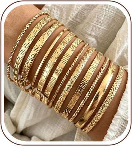 YEEZII Gold Bangle Bracelets for Women, 12 Pcs Indian Boho Stackable Set, Multi Layer Textured 14K Gold Plated Adjustable Bracelets Jewelry Set in Saudi Arabia