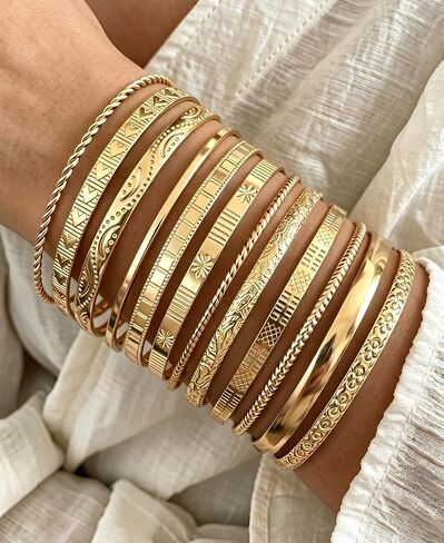 YEEZII Gold Bangle Bracelets for Women, 12 Pcs Indian Boho Stackable Set, Multi Layer Textured 14K Gold Plated Adjustable Bracelets Jewelry Set in Saudi Arabia