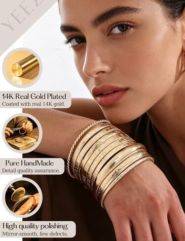 YEEZII Gold Bangle Bracelets for Women, 12 Pcs Indian Boho Stackable Set, Multi Layer Textured 14K Gold Plated Adjustable Bracelets Jewelry Set in Saudi Arabia