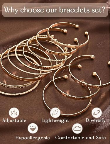 YEEZII Gold Bangle Bracelets for Women, 12 Pcs Indian Boho Stackable Set, Multi Layer Textured 14K Gold Plated Adjustable Bracelets Jewelry Set in Saudi Arabia