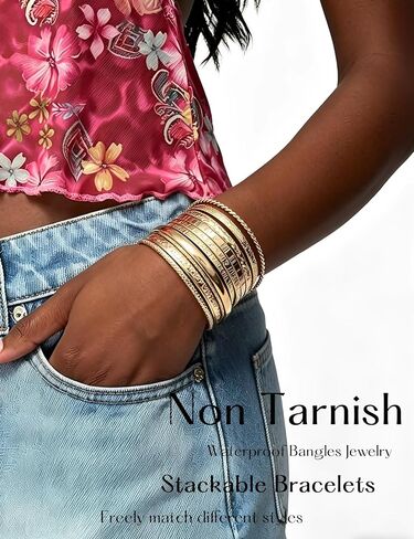 YEEZII Gold Bangle Bracelets for Women, 12 Pcs Indian Boho Stackable Set, Multi Layer Textured 14K Gold Plated Adjustable Bracelets Jewelry Set in Saudi Arabia
