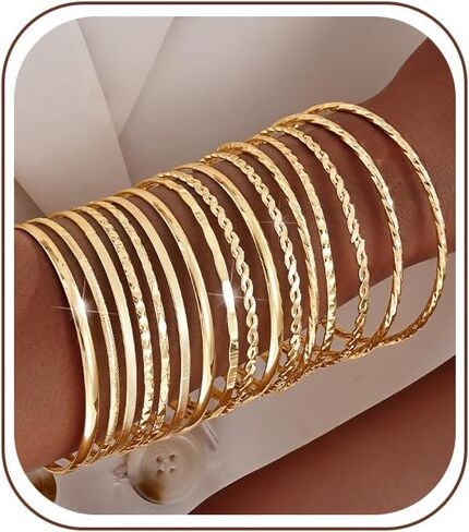 YEEZII Gold Bangle Bracelets for Women, 12 Pcs Indian Boho Stackable Set, Multi Layer Textured 14K Gold Plated Adjustable Bracelets Jewelry Set in Saudi Arabia