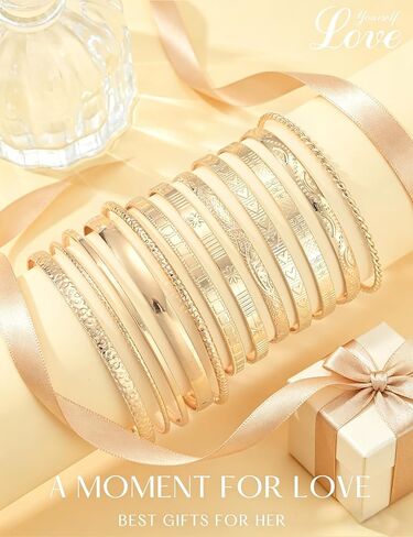 YEEZII Gold Bangle Bracelets for Women, 12 Pcs Indian Boho Stackable Set, Multi Layer Textured 14K Gold Plated Adjustable Bracelets Jewelry Set in Saudi Arabia