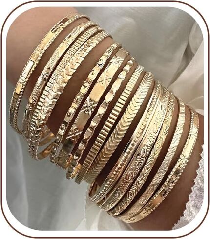 YEEZII Gold Bangle Bracelets for Women, 12 Pcs Indian Boho Stackable Set, Multi Layer Textured 14K Gold Plated Adjustable Bracelets Jewelry Set in Saudi Arabia
