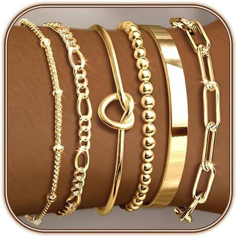 HERIER Gold Bracelets for Women 18k Gold Plated Bracelet Stack Bangle Cuff Bracelet Set for Women Non Tarnish Beaded/Paperclip/Cuban Link Chain Bracelets Jewelry for Women Trendy in Saudi Arabia