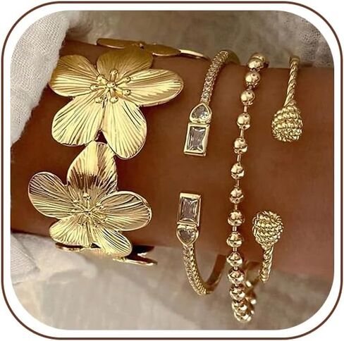 Gold Bangle Bracelets for Women, Dainty Floral 14K Gold Plated Bangles Cuffs Stackable Set, Multi Layer Chunky Bracelets for Women Jewelrys Set in Saudi Arabia